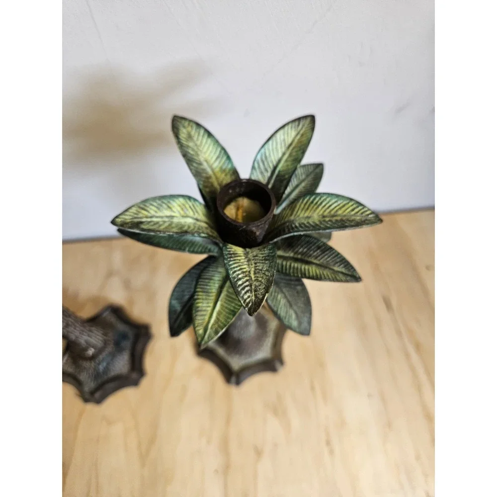 Vintage Metal Palm Tree Candle Holders Set of 2 Tropical Coastal Tiki Decor